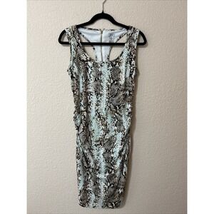 Vintage Cache Midi Dress Bodycon Ruched Cutout Back Sz M Snake Print Swifty